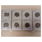 8 Buffalo nickels from 1927 to 1937, see photo