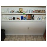 Two shelves of trinkets, includes a cobalt blue