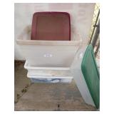 Six assorted storage tubs, some are filled with