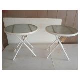 Two white patio end tables with glass, 19 x 18 in