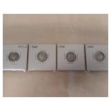 Four mercury dimes, 1937- d, 1942, 1942, and 1944