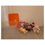 Storage tote with five stuffed animals including