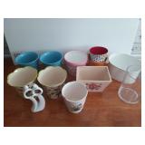 Assorted 4-in flower pots, and an enesco figurine