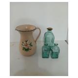 Beige 10-in pitcher with magnolia, and three blue