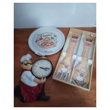 Pizza / chef decor, including a 12-in clock, a