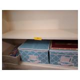 Bottom shelf contents, including teal storage,
