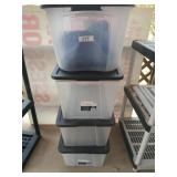 Four clear plastic storage totes, 50 quart to 64