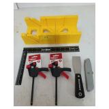 Six assorted tools, including a miter box, and