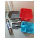 Assorted plastic tubs, a three-tier display