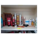 Shelf contents, includes hair care supplies
