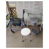 A blue Walker on wheels, shower stool, and a