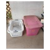30 gallon pink storage tub, and two laundry