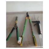 22-in hedge shears, 31 inch loppers, and a caulk