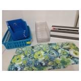 Assorted shelf organizers and two blue/green