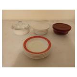 Three 16 oz Corning bowls, and four milk glass