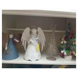 Christmas decor, including two metal angels and