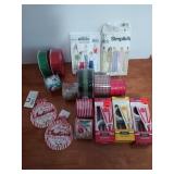 Assorted Christmas ribbon, sewing patterns,