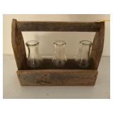 Milk bottle crate, 12x4 in with three 8-in bottles