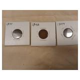 Indian head pennies, 1890, 1898, and 1899