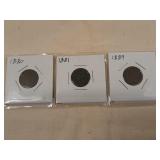 Indian head pennies, 1880, 1881, and 1889