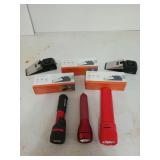 Three flashlights, and five door strap alarms,