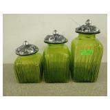Three Green Glass canisters with metal pewter?