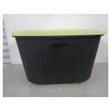 Black and green 18 gallon plastic tote filled