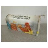 Metal mailbox hand-painted with Henny Penny, "who