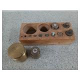 Brass weight set in wooden box, marked Fisher USA