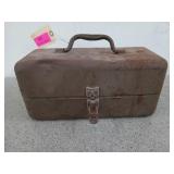 Old metal tackle box with contents, 6x13 in