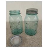 Two Blue Ball mason jars with zinc lids and milk