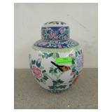 14 inch, Oriental themed urn with lid, floral
