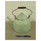 Large green enamel tea kettle with wooden