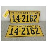 Pair of Colorado 1940 license plates, match