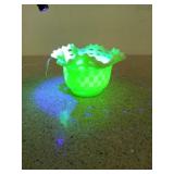 Fenton green satin custard glass with basket