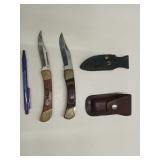 2 lock blade pocket knives / two leather knife