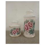 Two Hand-painted, Rose motif, milk glass