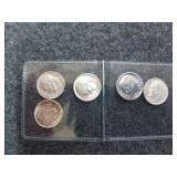 5 silver dimes, 1957 through 1964