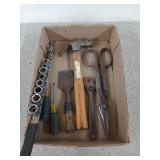 Assorted tools, including a hammer with wooden