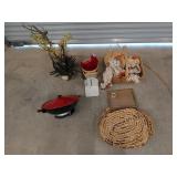 Assorted decor, including yarn doll babies, a