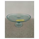 Blue Glass cake stand, five by 10 in