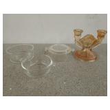 6 in Carnival glass candle holder, two 10 oz Pyrex