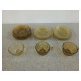 Yellow glass dessert plates and cups, 21 pieces