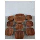 9 square wooden bowls, eight are 6 in, one is 10