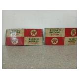 Two flattened Texaco motor oil cans, 5.5 X 12 in
