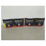 Two flattened Lubrite motor oil cans, 5.5 X 12 in