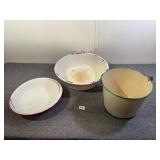 3 Enamel Ware Buckets, Bowls