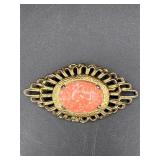 Art Nouveau Brooch w Filigree Frame & Orange Stone