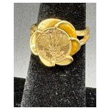 14K Gold Lady Liberty Coin Ring