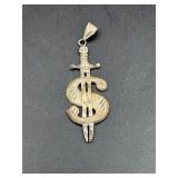 Sterling Silver Dollas Sign w Sword Pendant